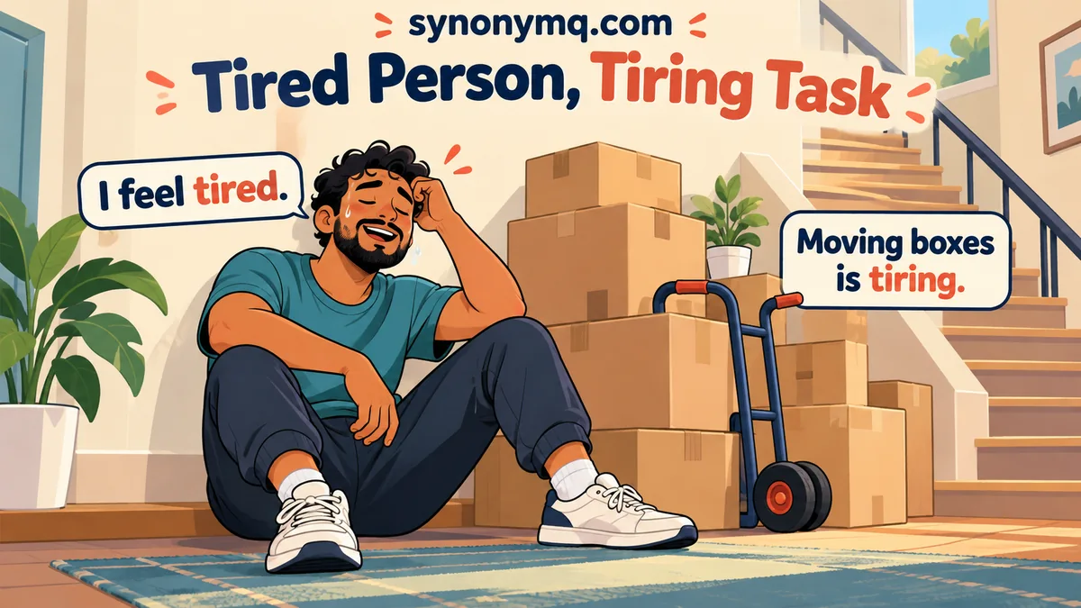 Cartoon person resting beside moving boxes, contrasting feeling tired with a tiring task