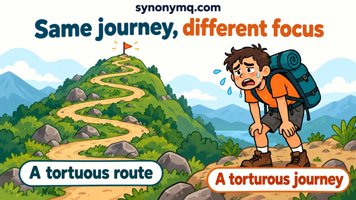 Cartoon hiker beside a winding route, distinguishing a tortuous route from a torturous journey
