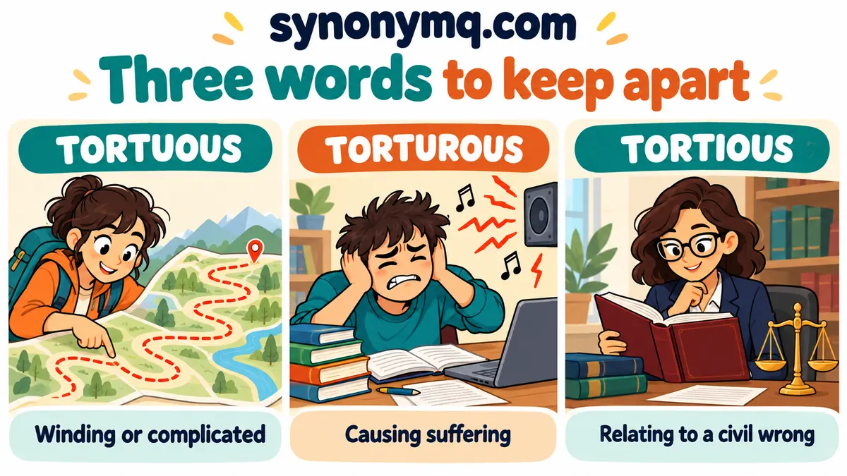 Cartoon comparison of tortuous with a winding path, torturous with distress and tortious with civil law
