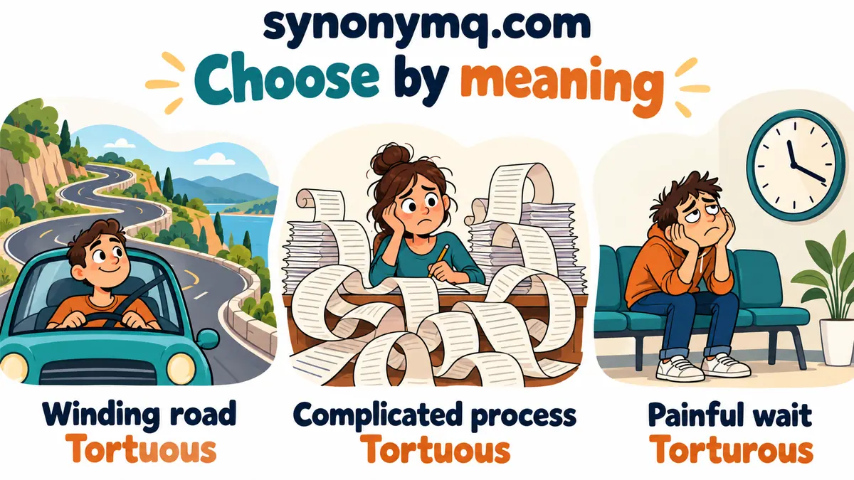 Cartoon examples of a winding road, complicated paperwork and a painful wait