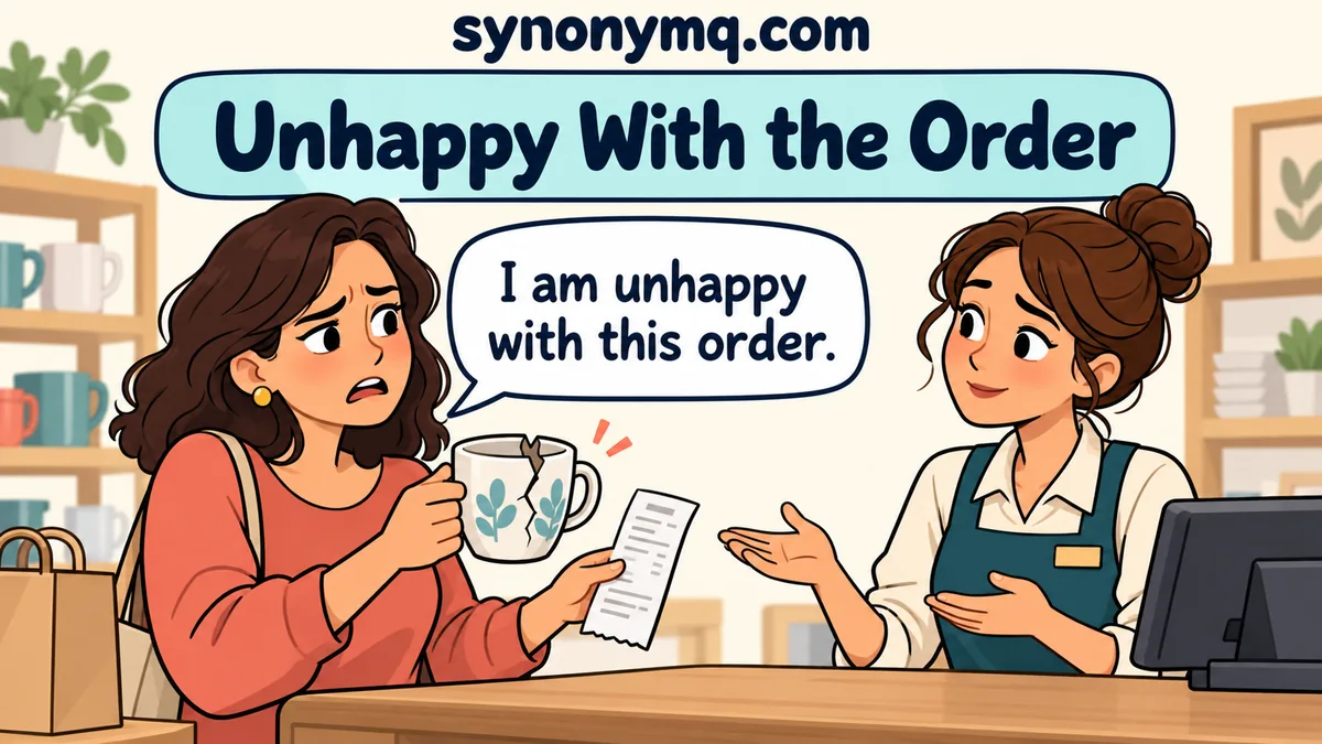 Sad vs unhappy vs miserable example: a dissatisfied customer shows a cracked mug to a shop assistant