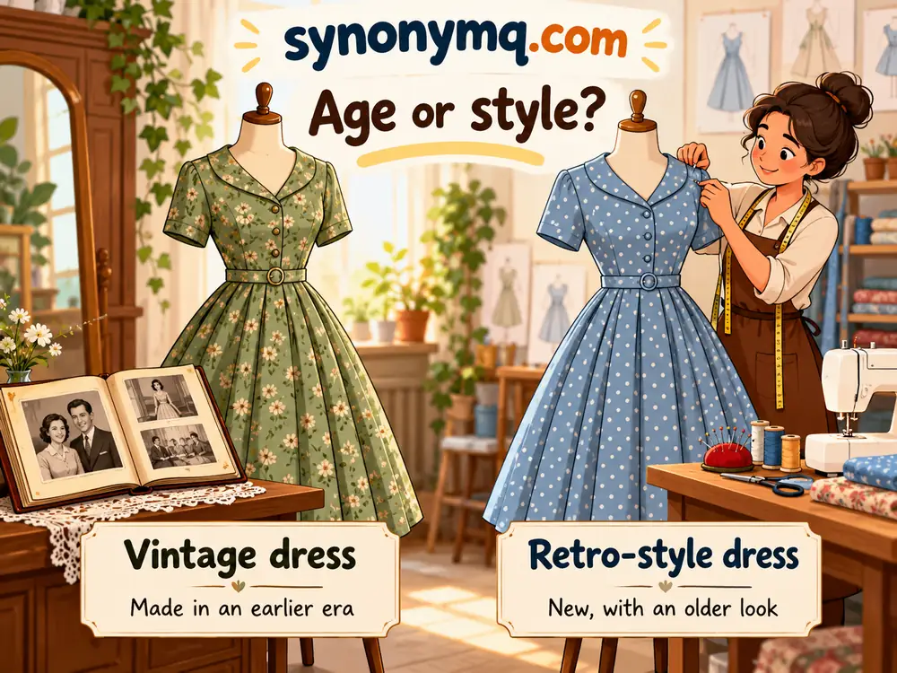 An older dress from a past era beside a newly made dress in retro style