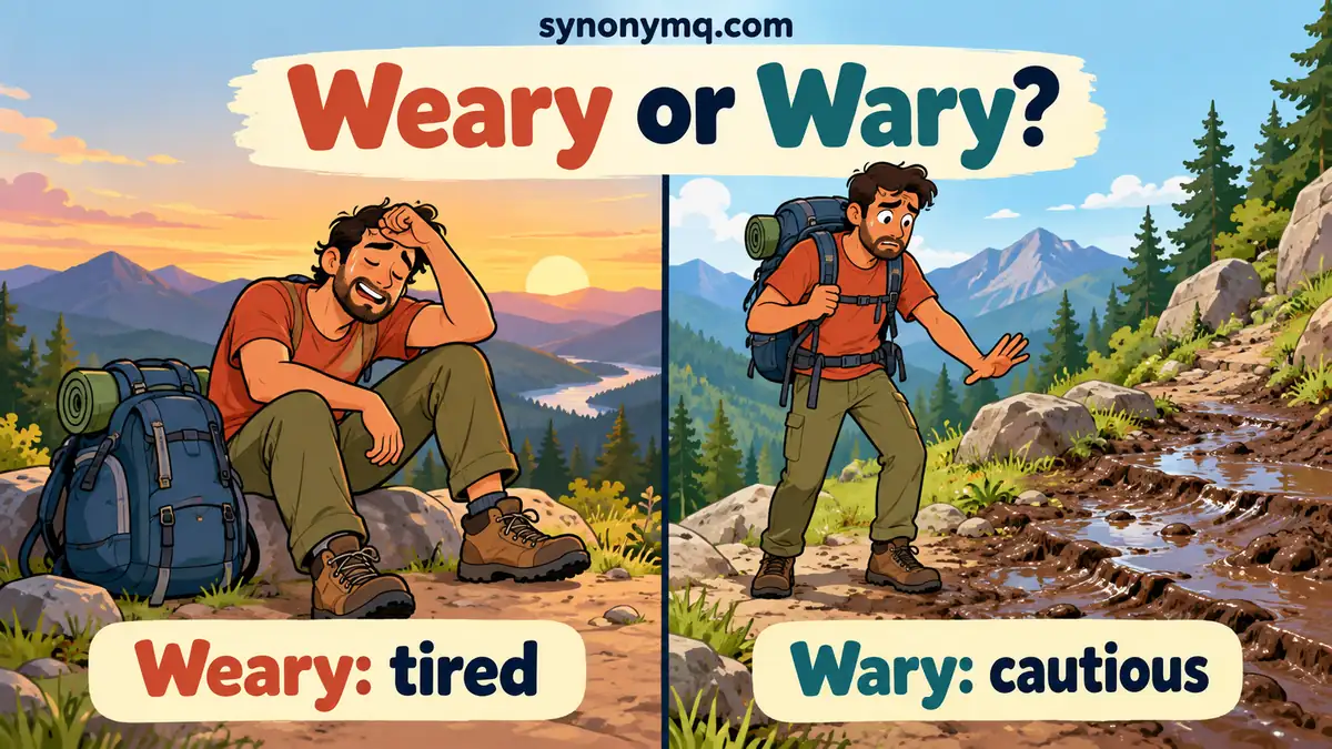 Cartoon hiker shown weary after walking and wary of a slippery muddy path